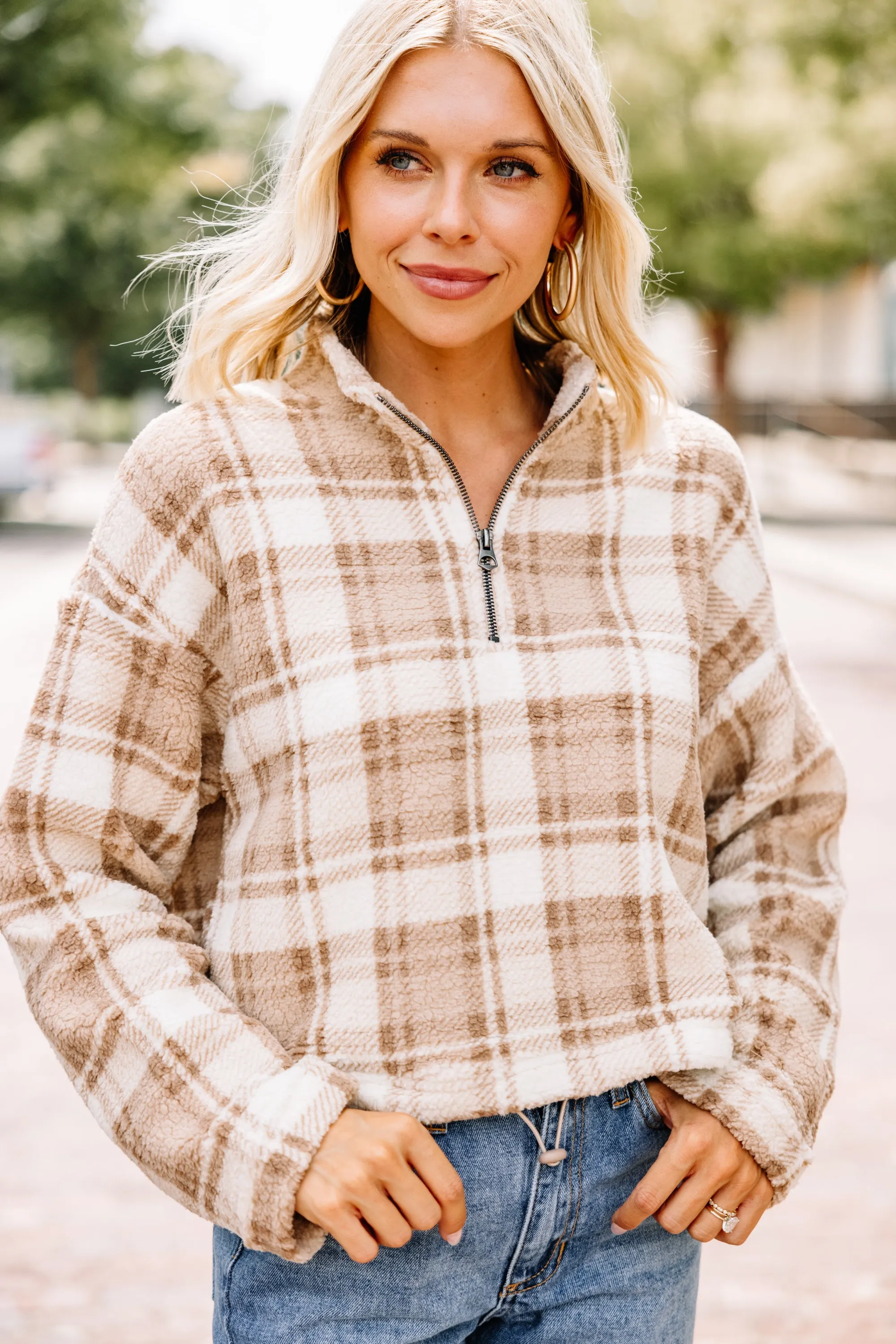 Can't Forget You Khaki Brown Plaid Pullover