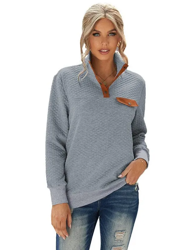 Casual Loose Fit Pullover Sweatshirt With Color Block Lapel And Half Button Detail