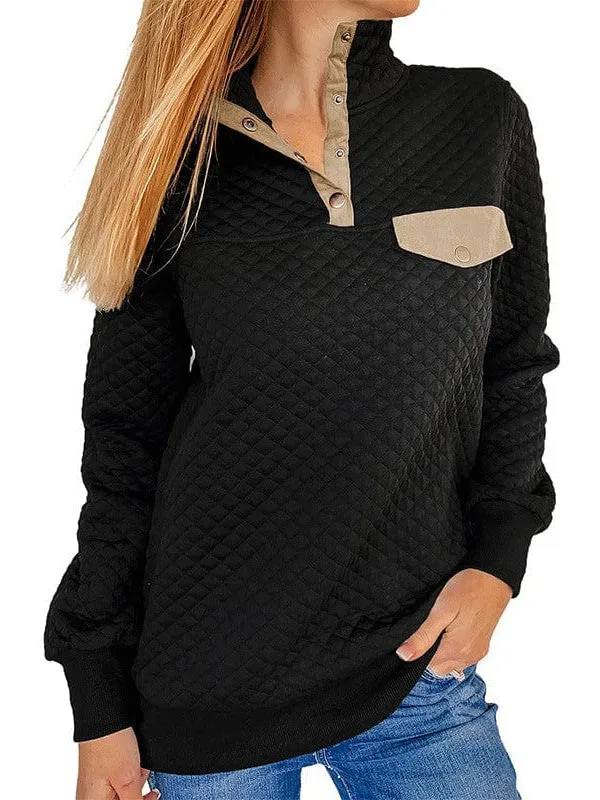 Casual Loose Fit Pullover Sweatshirt With Color Block Lapel And Half Button Detail