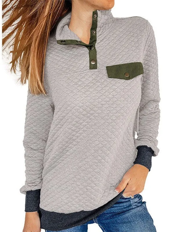 Casual Loose Fit Pullover Sweatshirt With Color Block Lapel And Half Button Detail