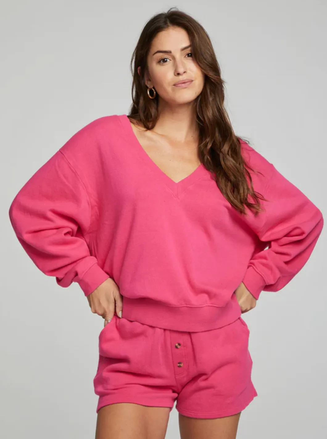 CHA Vneck Pullover-Poppy Pink