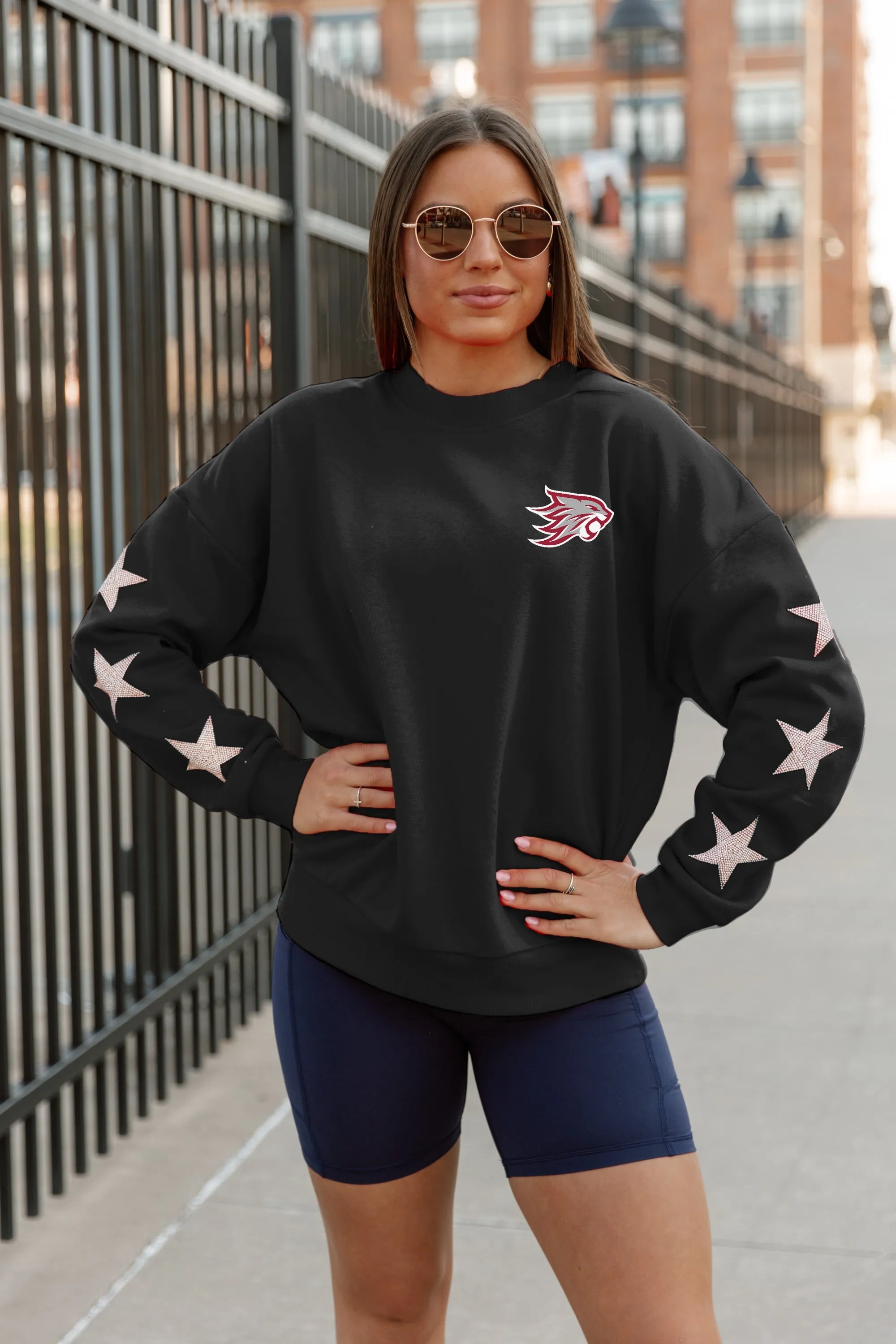 CHICO STATE WILDCATS DEDICATION EMBELLISHED STAR SLEEVE CREWNECK PULLOVER