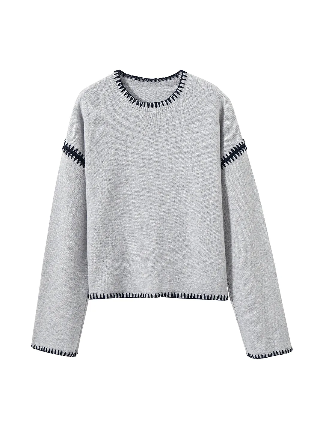 Cinthia Contrast Stitching Cashmere Crewneck