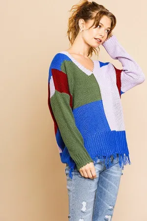 Color Blocked Long Sleeve V-neck Knit Pullover Sweater