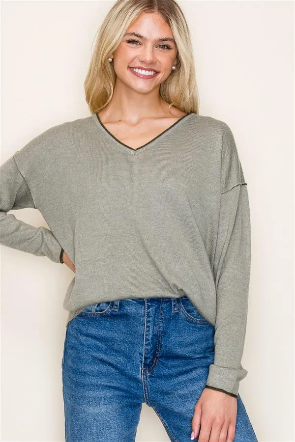 Contrast Rib Vneck Pullovers - 3 Colors! - FINAL SALE