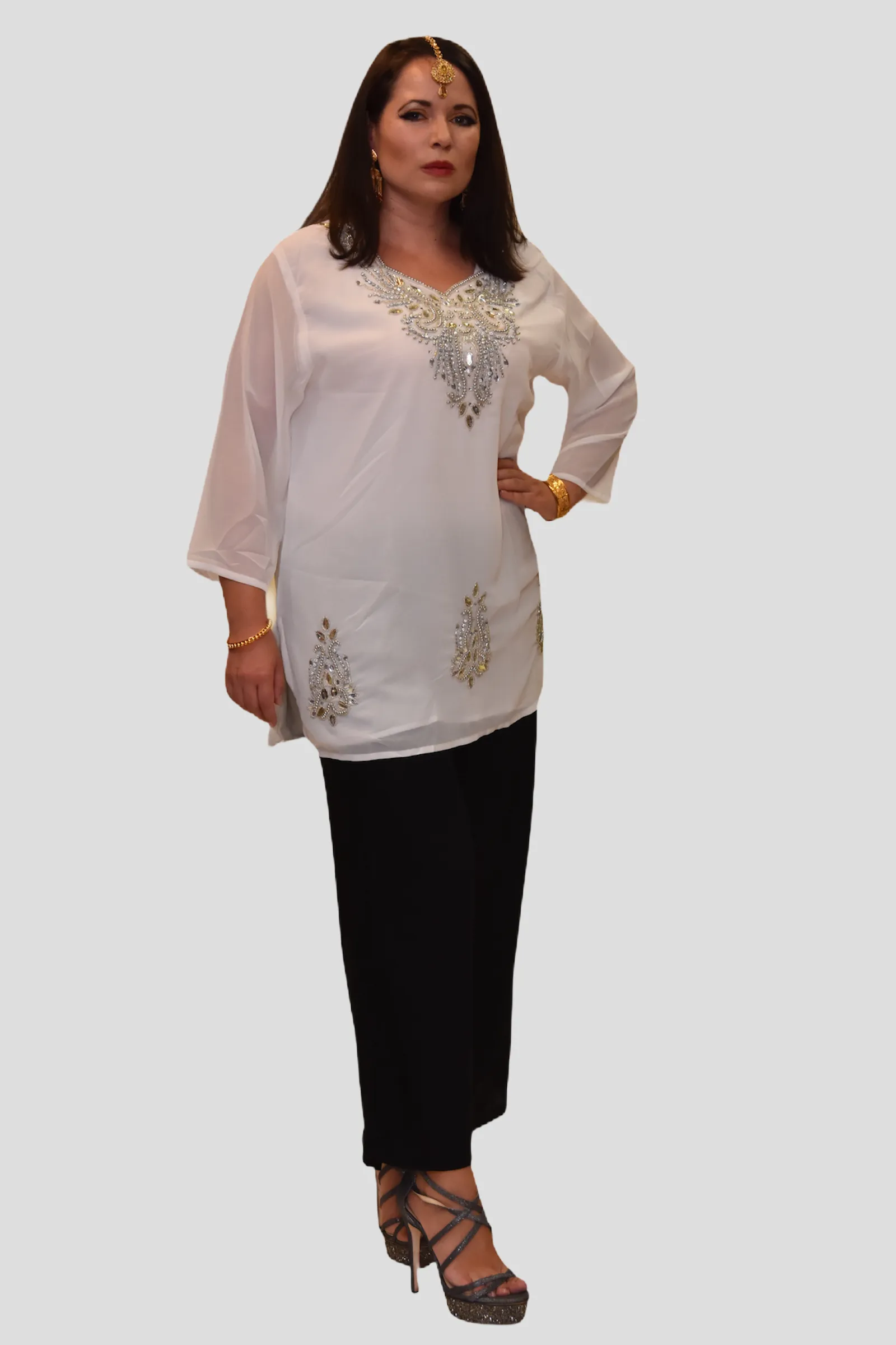 Cotton Chiffon Kelly Moore White Embroidered Short Kurti