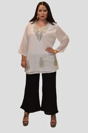 Cotton Chiffon Kelly Moore White Embroidered Short Kurti