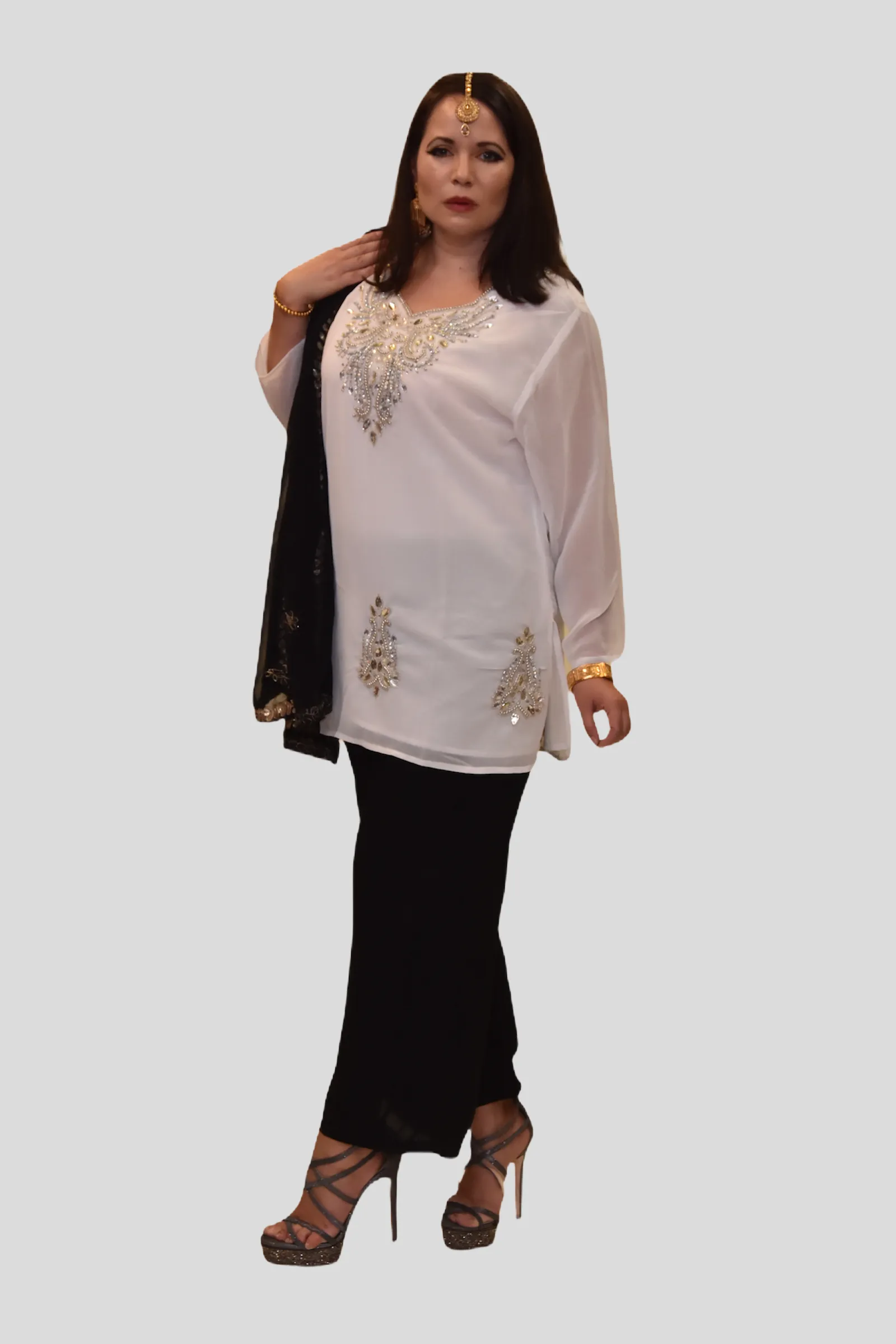 Cotton Chiffon Kelly Moore White Embroidered Short Kurti