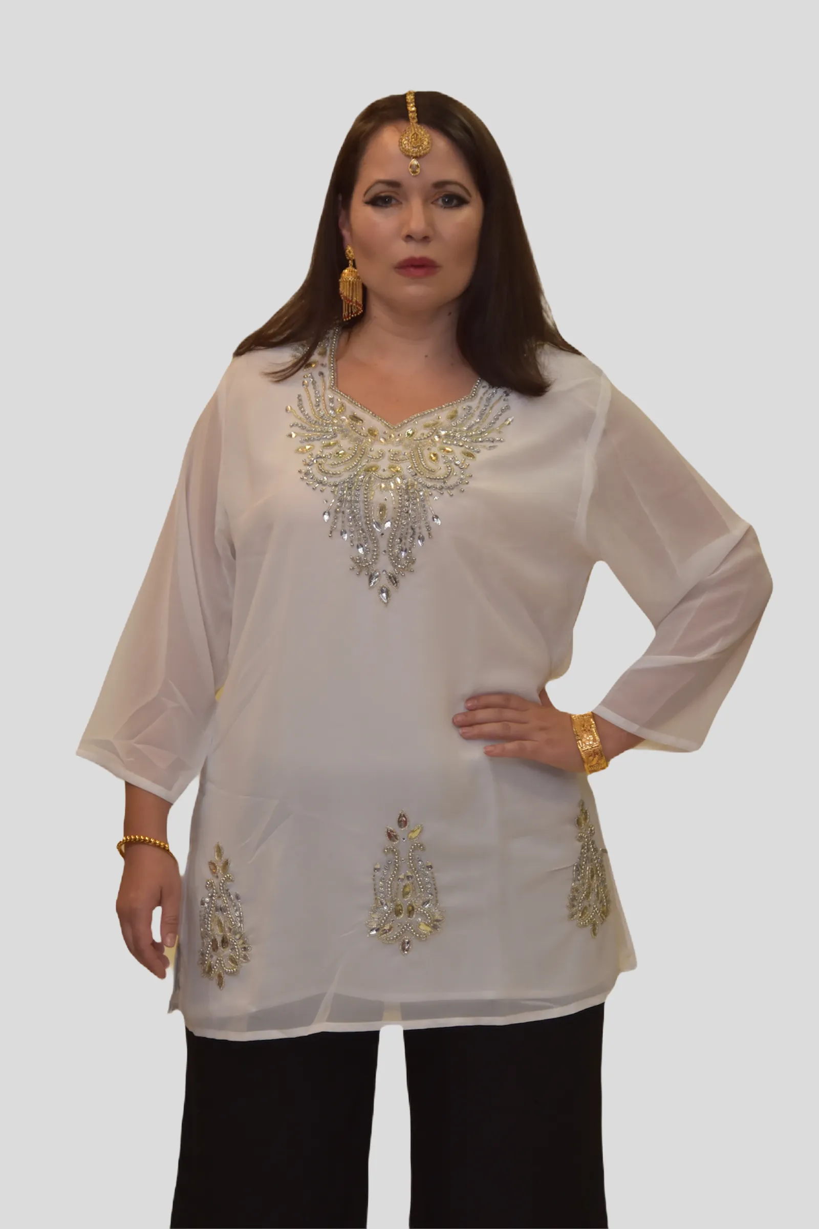 Cotton Chiffon Kelly Moore White Embroidered Short Kurti