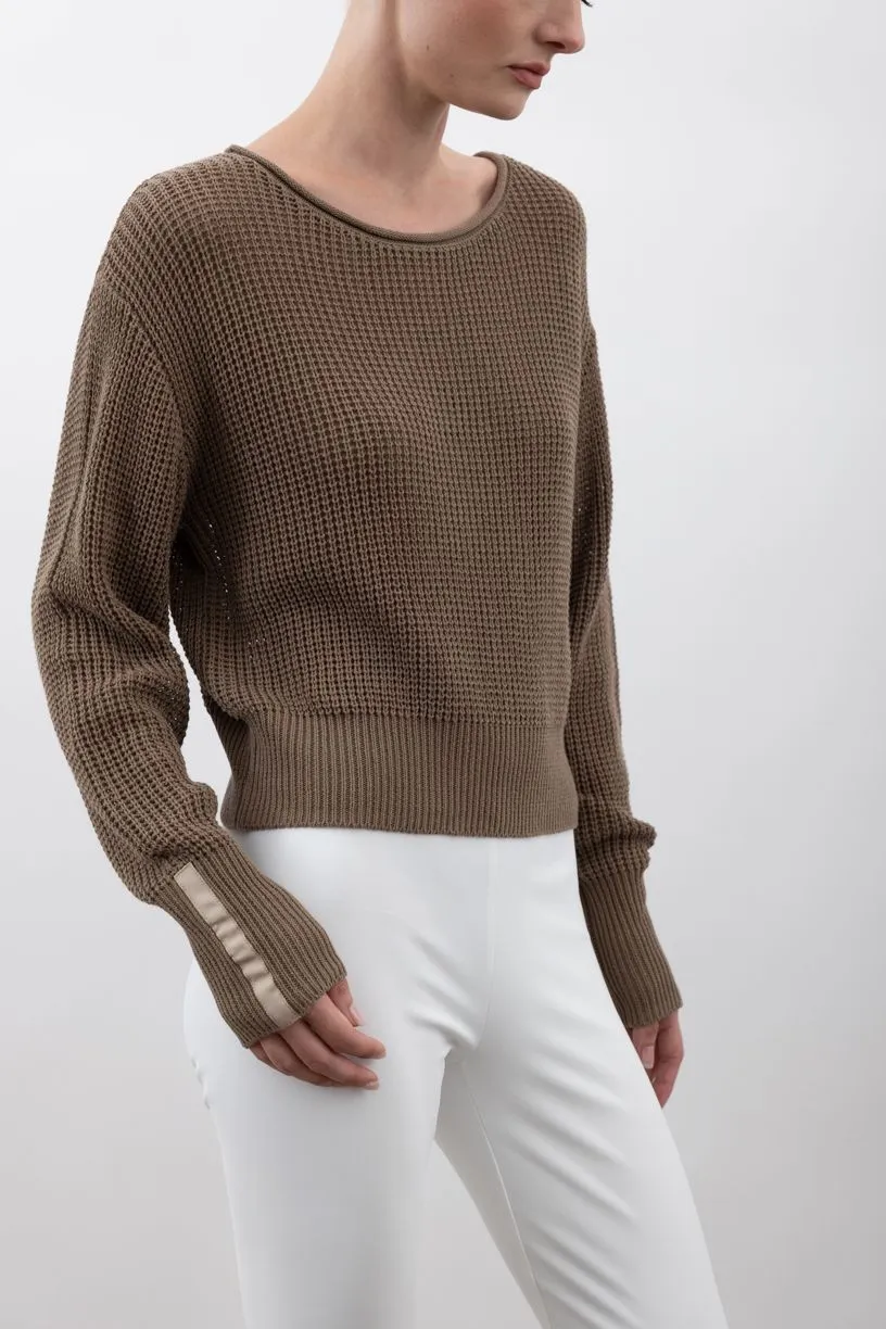 Cotton Sweater Crew Neck Top with Grosgrain Tape - VAUGHN