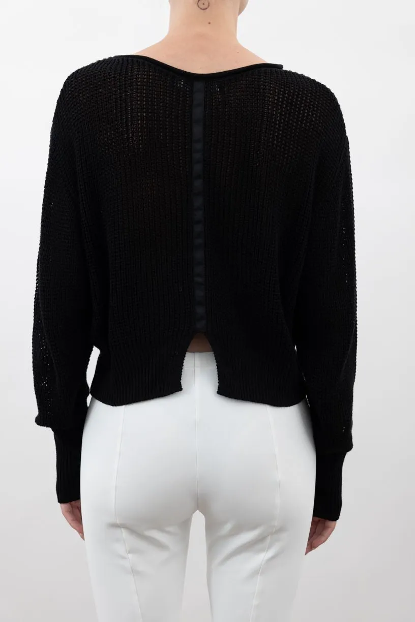 Cotton Sweater Crew Neck Top with Grosgrain Tape - VAUGHN