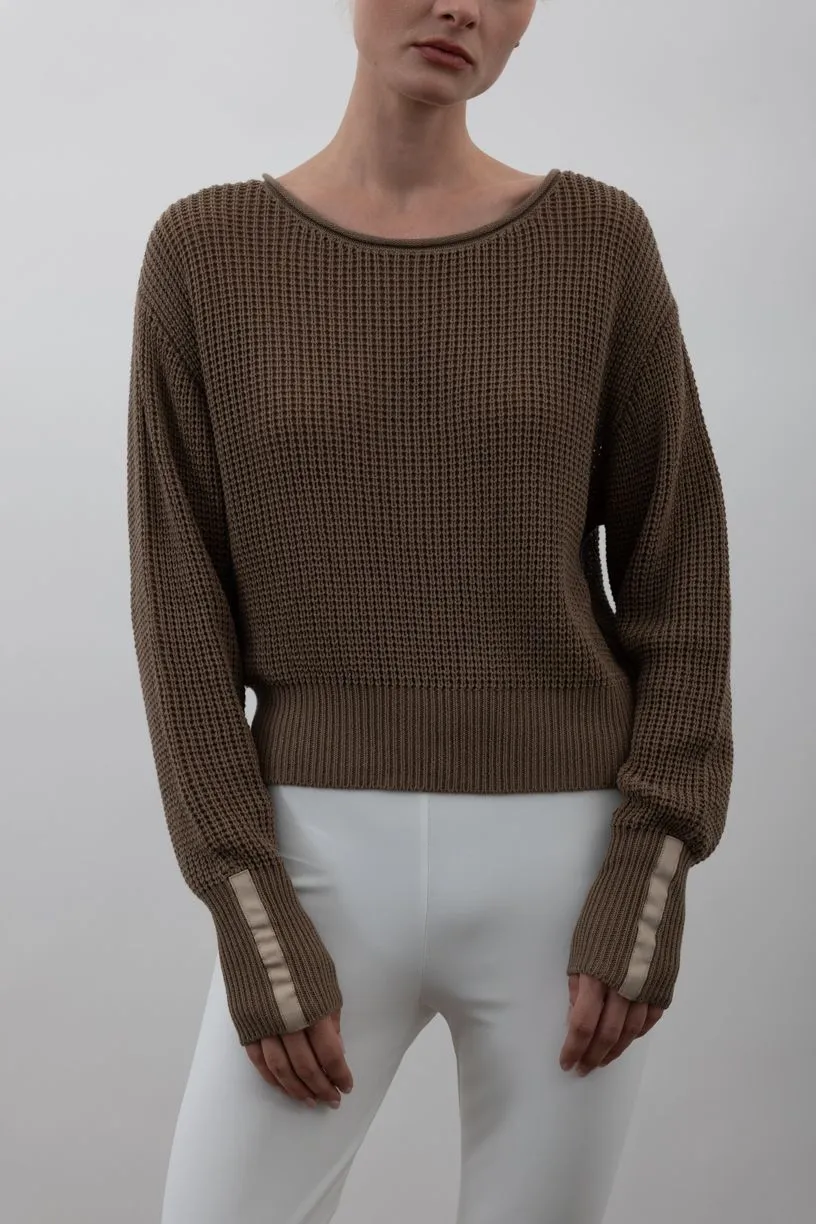 Cotton Sweater Crew Neck Top with Grosgrain Tape - VAUGHN