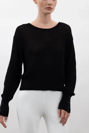 Cotton Sweater Crew Neck Top with Grosgrain Tape - VAUGHN