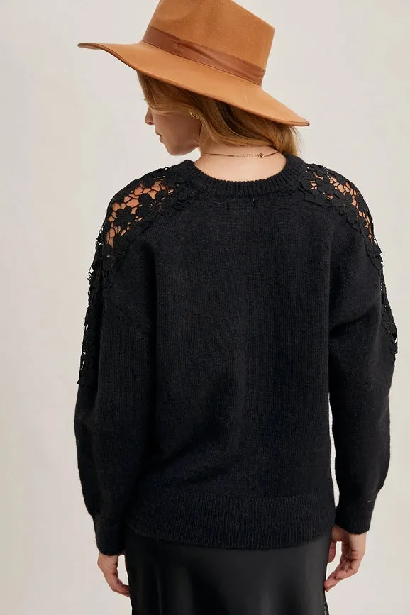 Crochet Contrast Knit Sweater Pullover Black