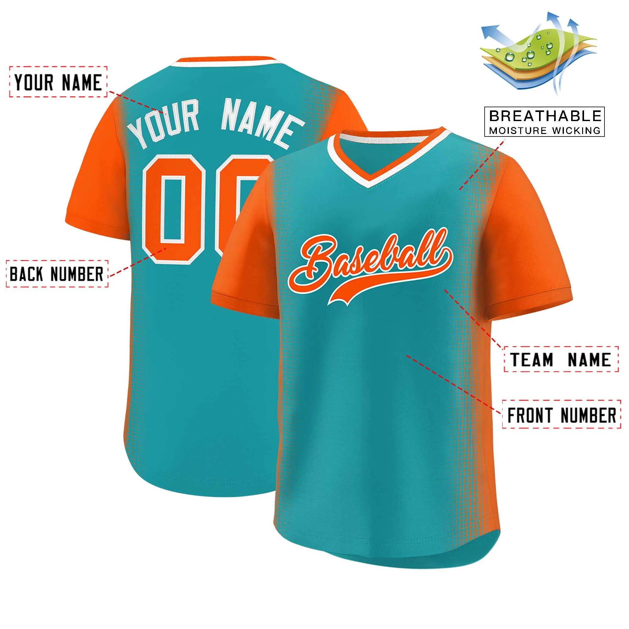 Custom Aqua Orange Personalized Raglan Sleeves Authentic Pullover Baseball Jersey