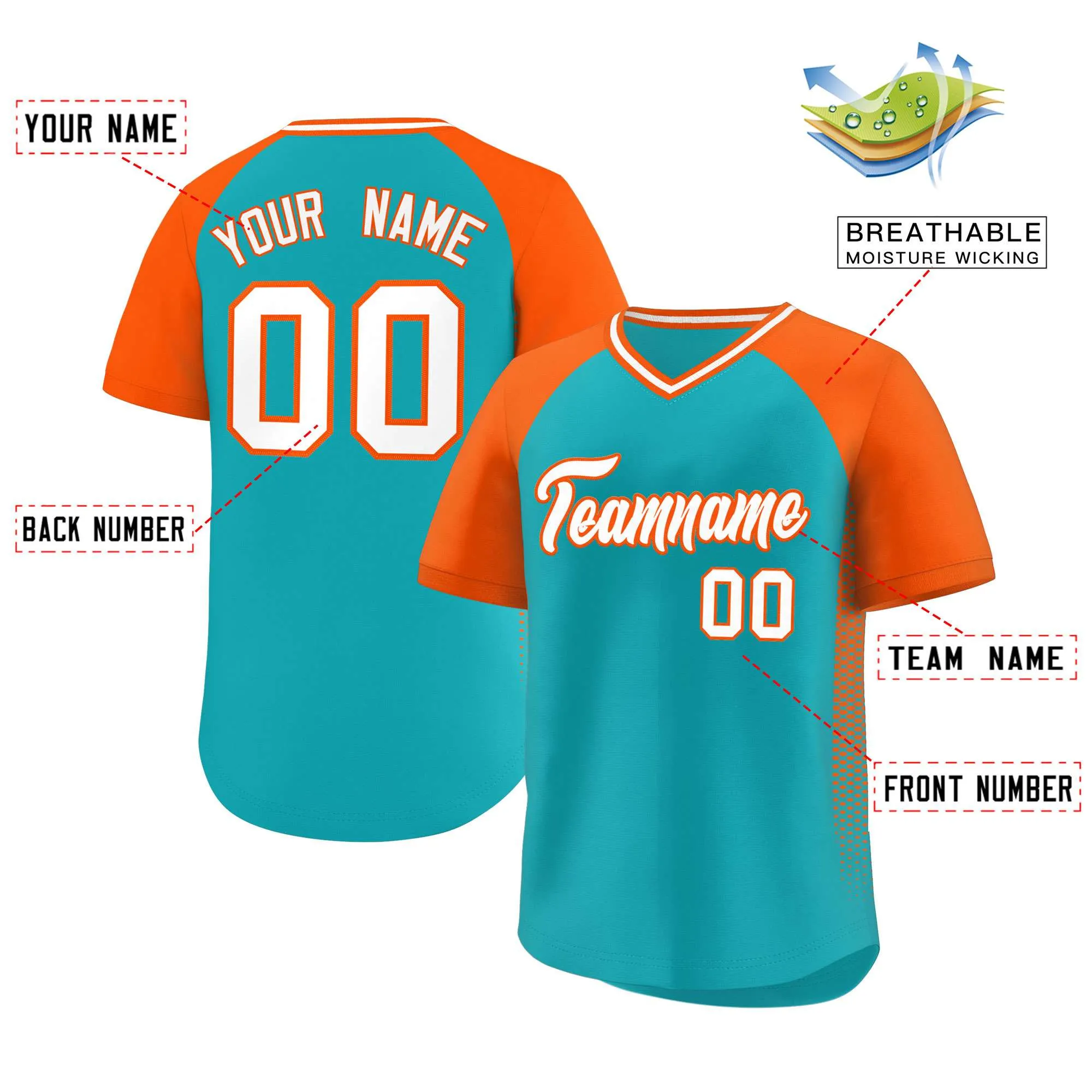 Custom Aqua Orange Raglan Sleeves Side Spot Authentic Pullover Baseball Jersey