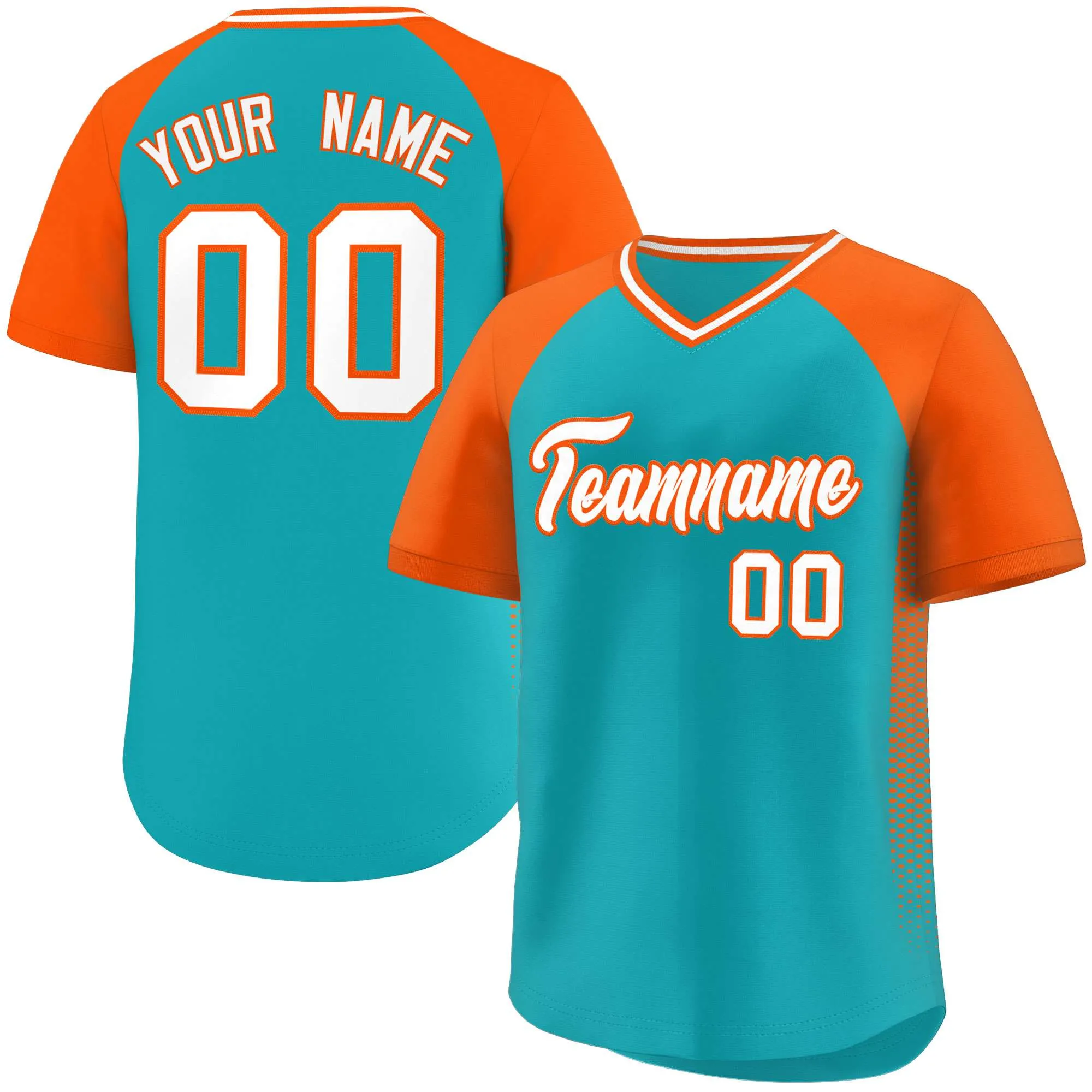 Custom Aqua Orange Raglan Sleeves Side Spot Authentic Pullover Baseball Jersey