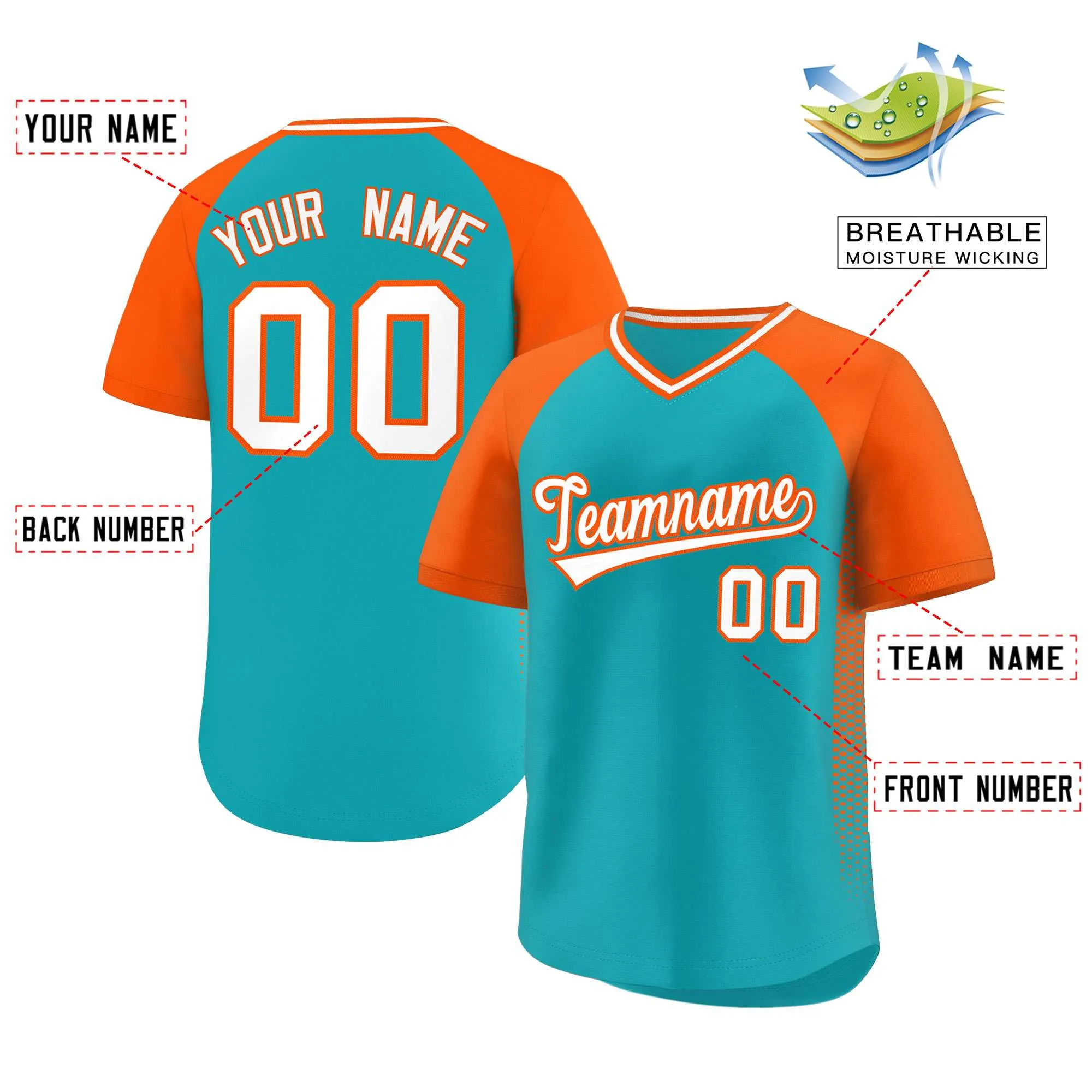 Custom Aqua Orange Raglan Sleeves Side Spot Authentic Pullover Baseball Jersey