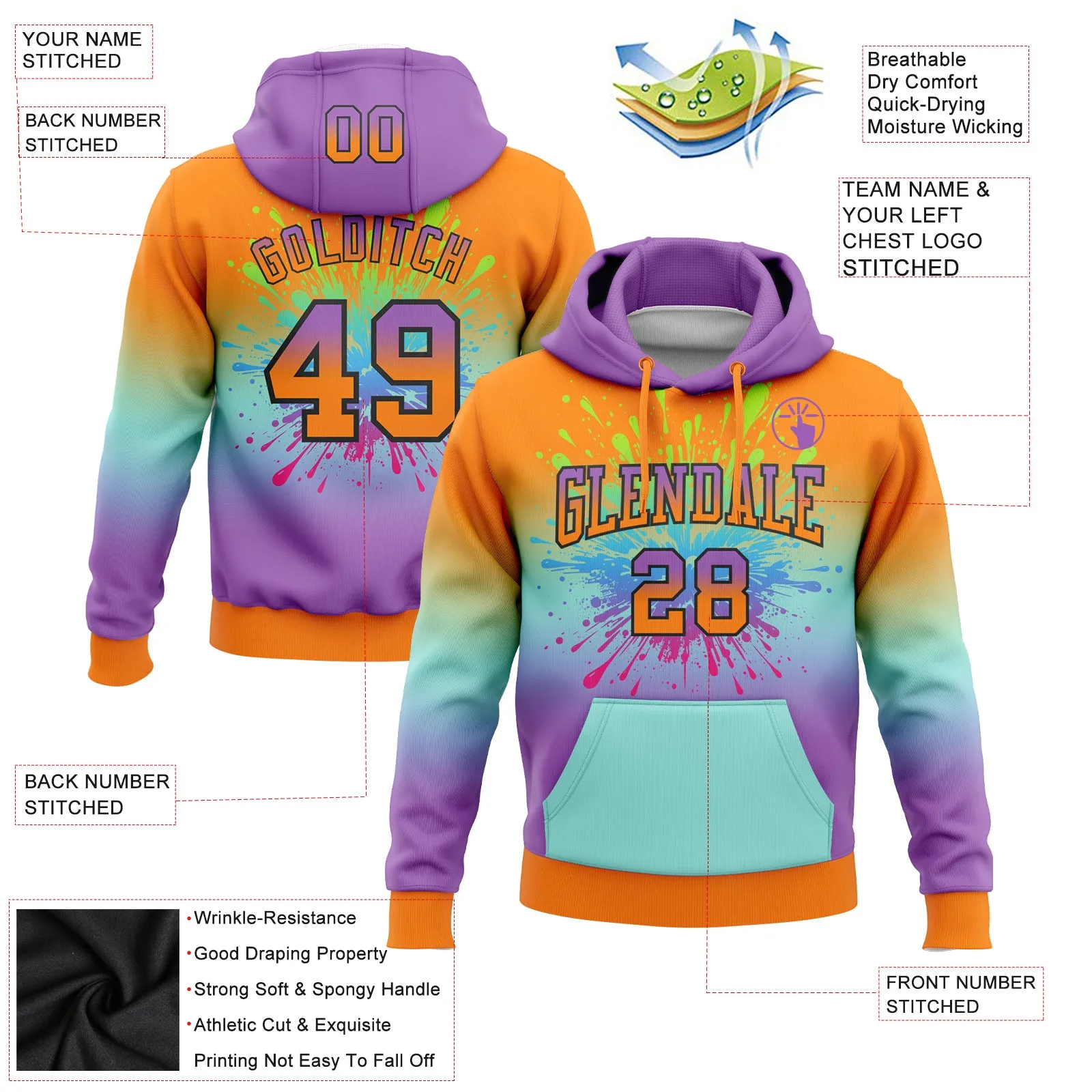 Custom Stitched Bay Orange Medium Purple Ice Blue-Black Fade Fashion Splash Sports Pullover Sweatshirt Hoodie