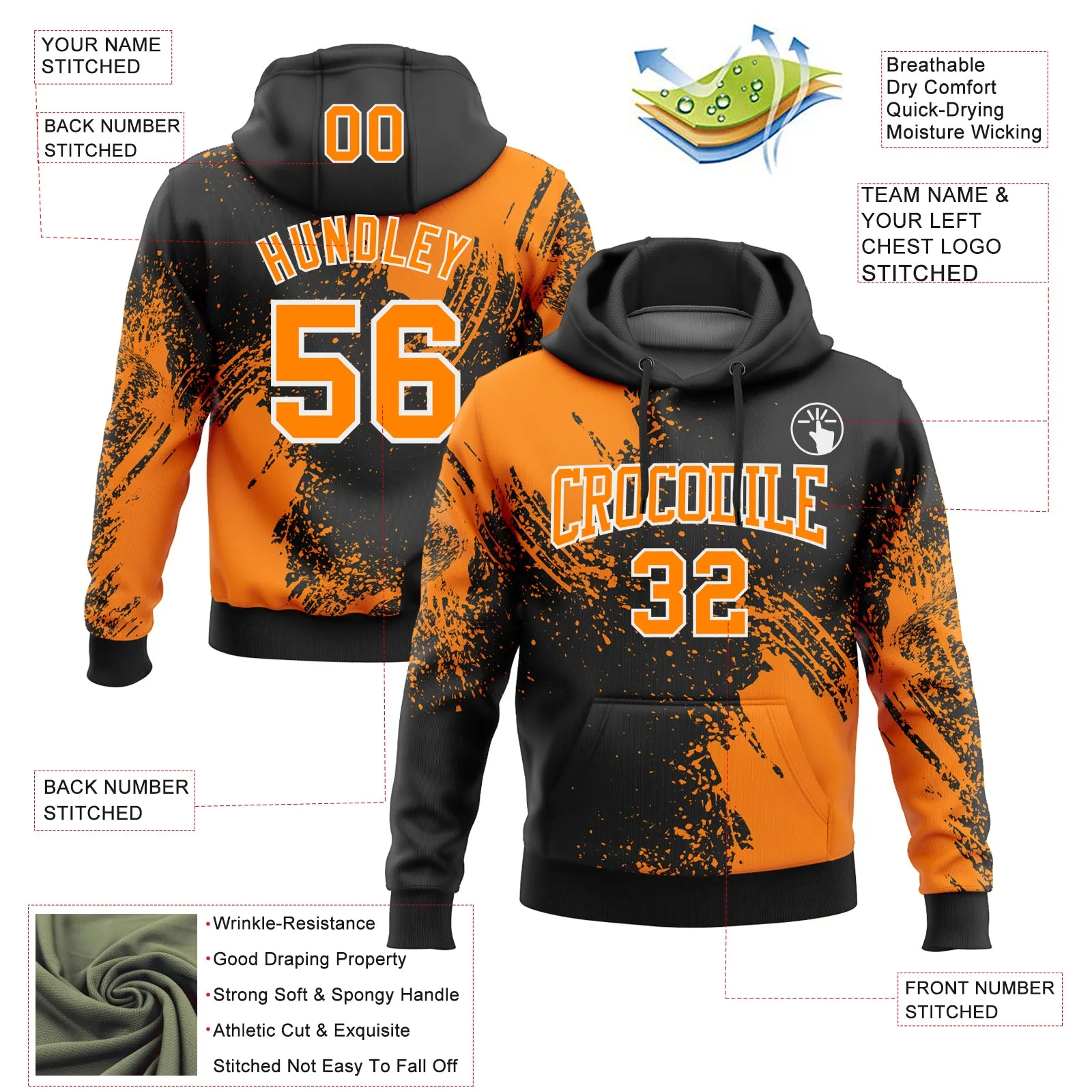 Custom Stitched Black Bay Orange-White 3D Pattern Design Abstract Brush Stroke Sports Pullover Sweatshirt Hoodie