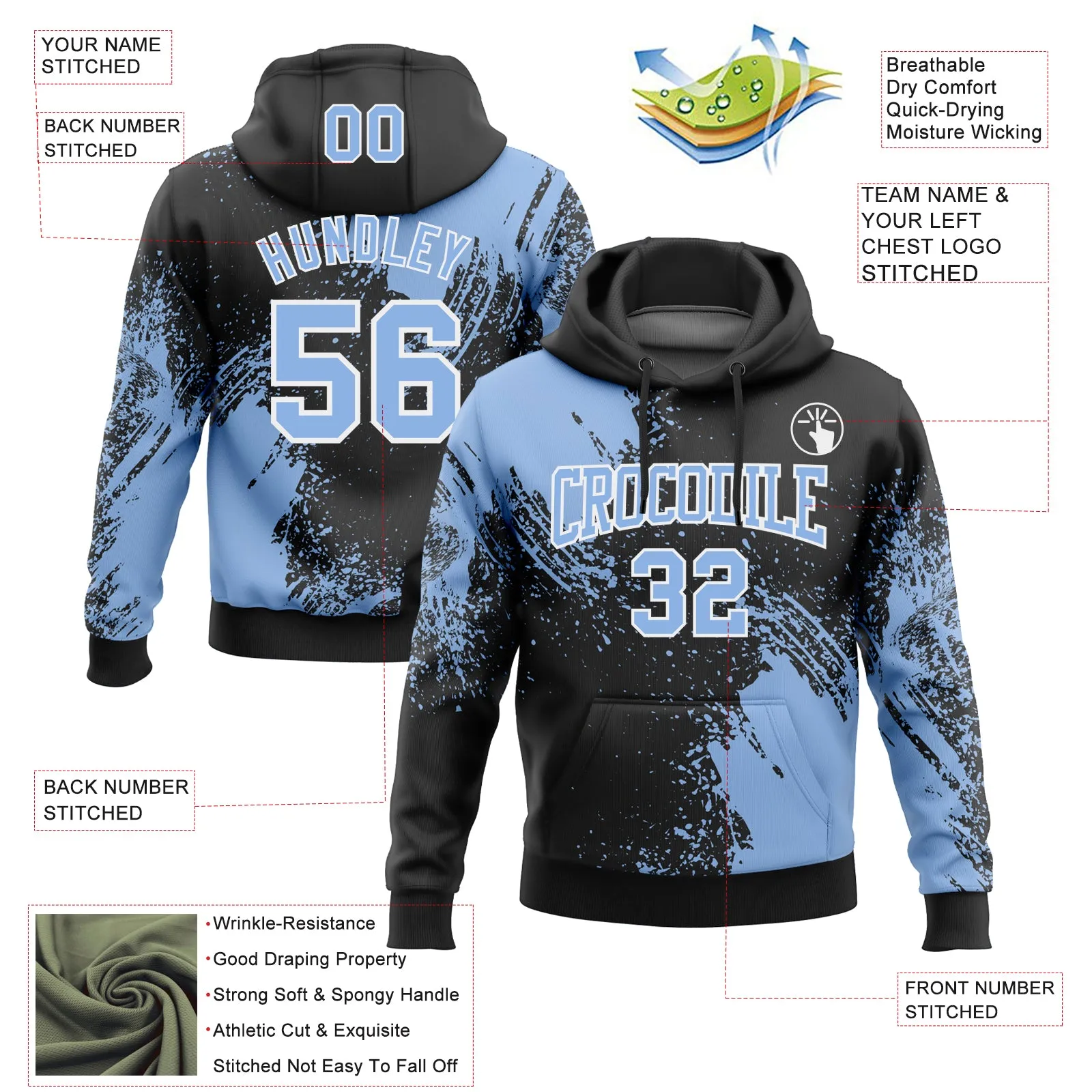 Custom Stitched Black Light Blue-White 3D Pattern Design Abstract Brush Stroke Sports Pullover Sweatshirt Hoodie