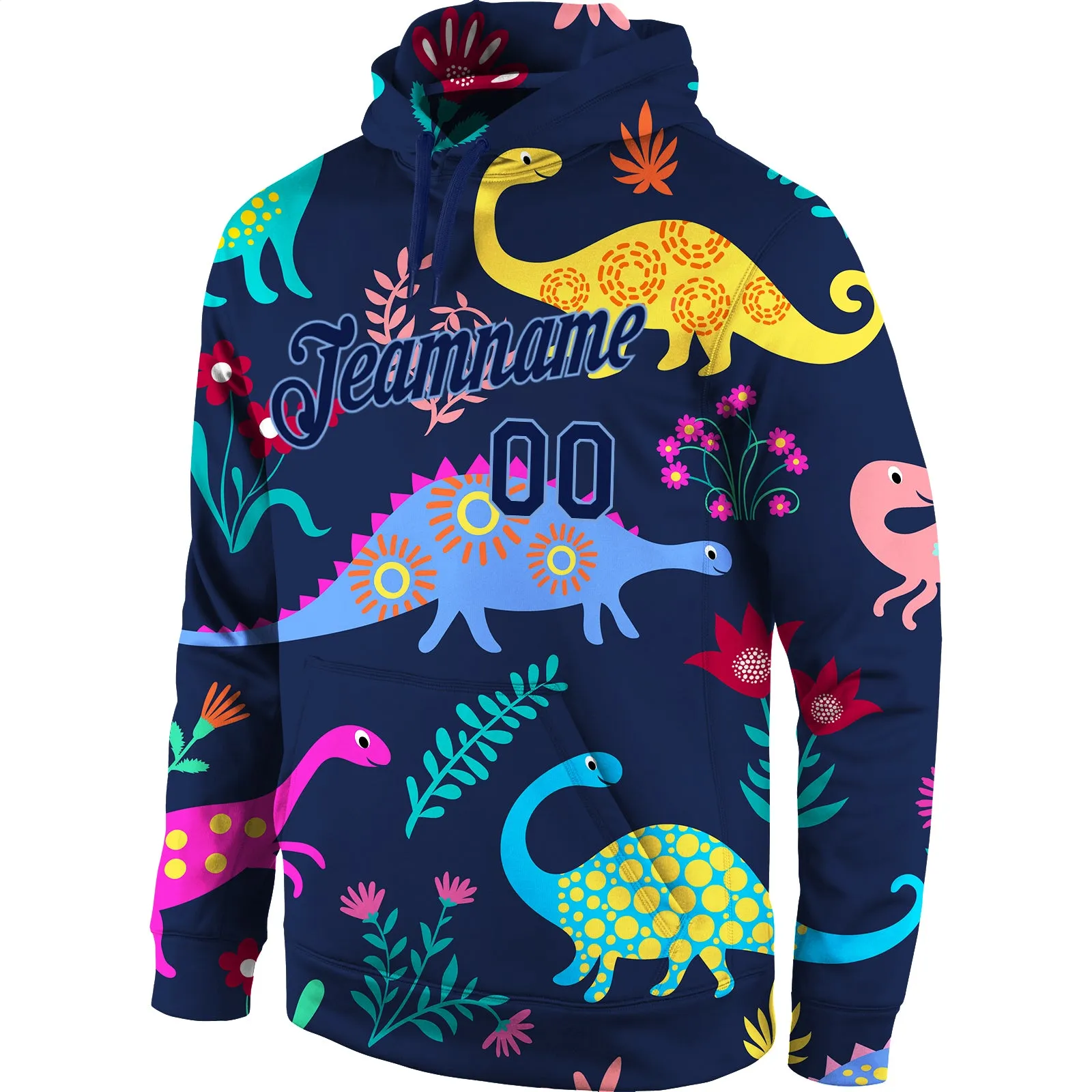 Custom Stitched Graffiti Pattern Navy-Light Blue 3D Dinosaur Sports Pullover Sweatshirt Hoodie