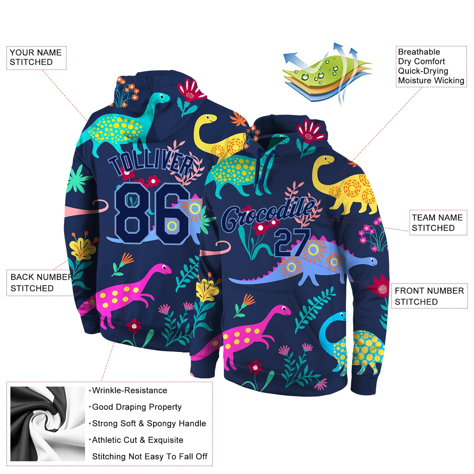 Custom Stitched Graffiti Pattern Navy-Light Blue 3D Dinosaur Sports Pullover Sweatshirt Hoodie