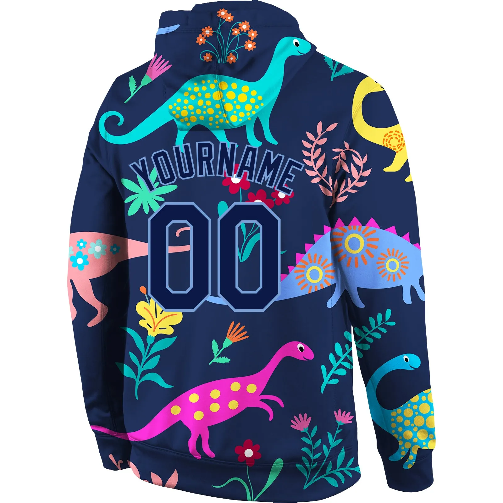 Custom Stitched Graffiti Pattern Navy-Light Blue 3D Dinosaur Sports Pullover Sweatshirt Hoodie