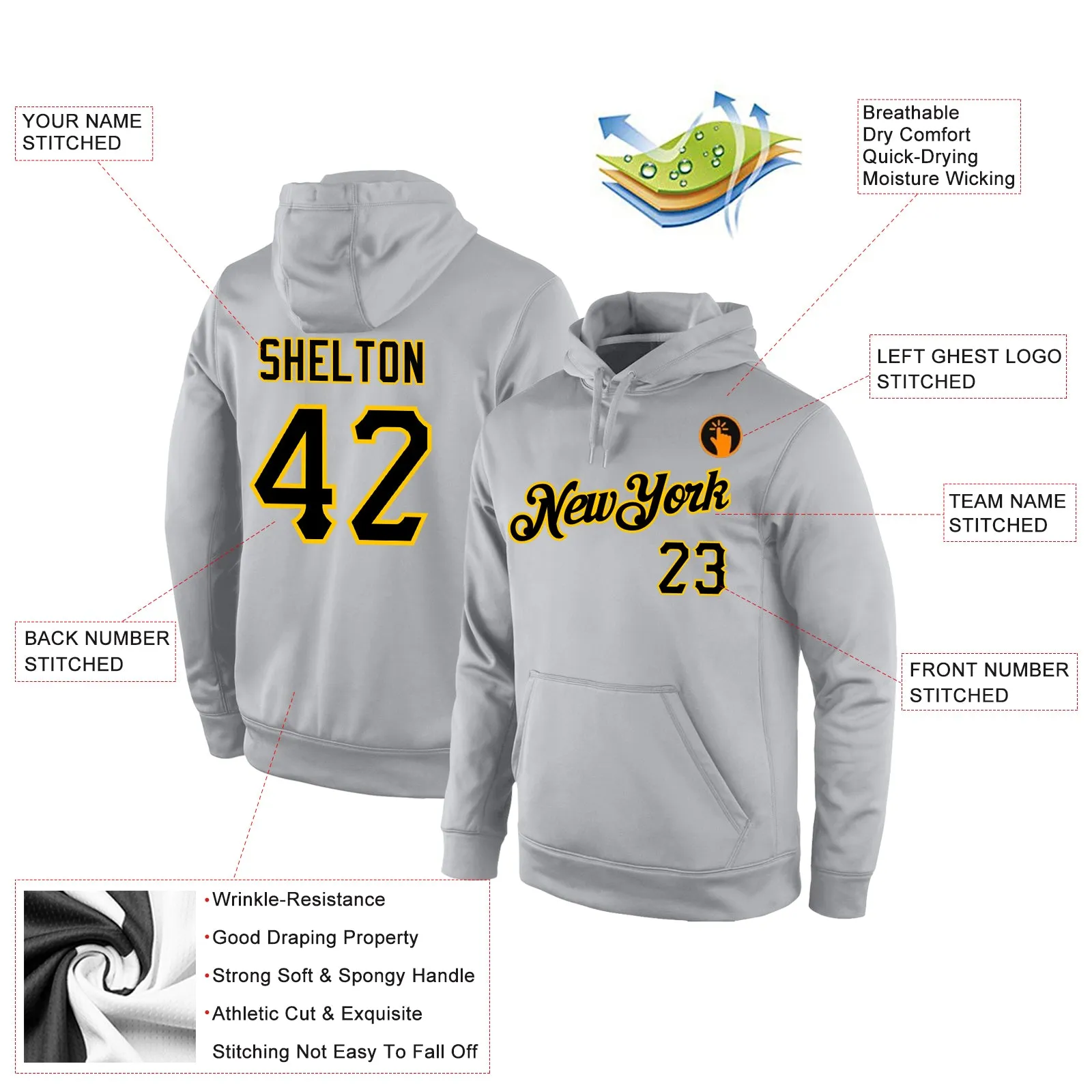 Custom Stitched Gray Black-Gold Sports Pullover Sweatshirt Hoodie