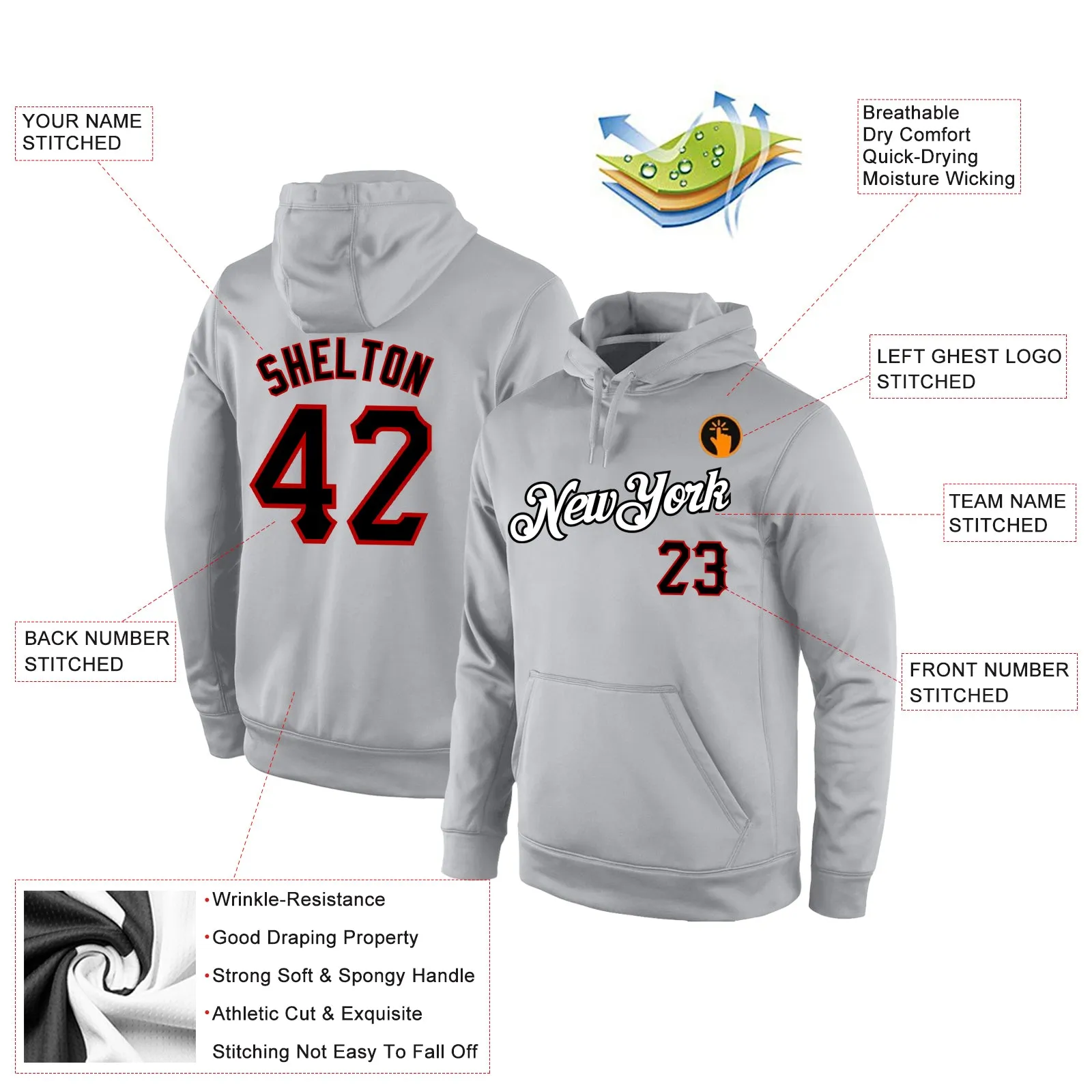 Custom Stitched Gray Black-Red Sports Pullover Sweatshirt Hoodie