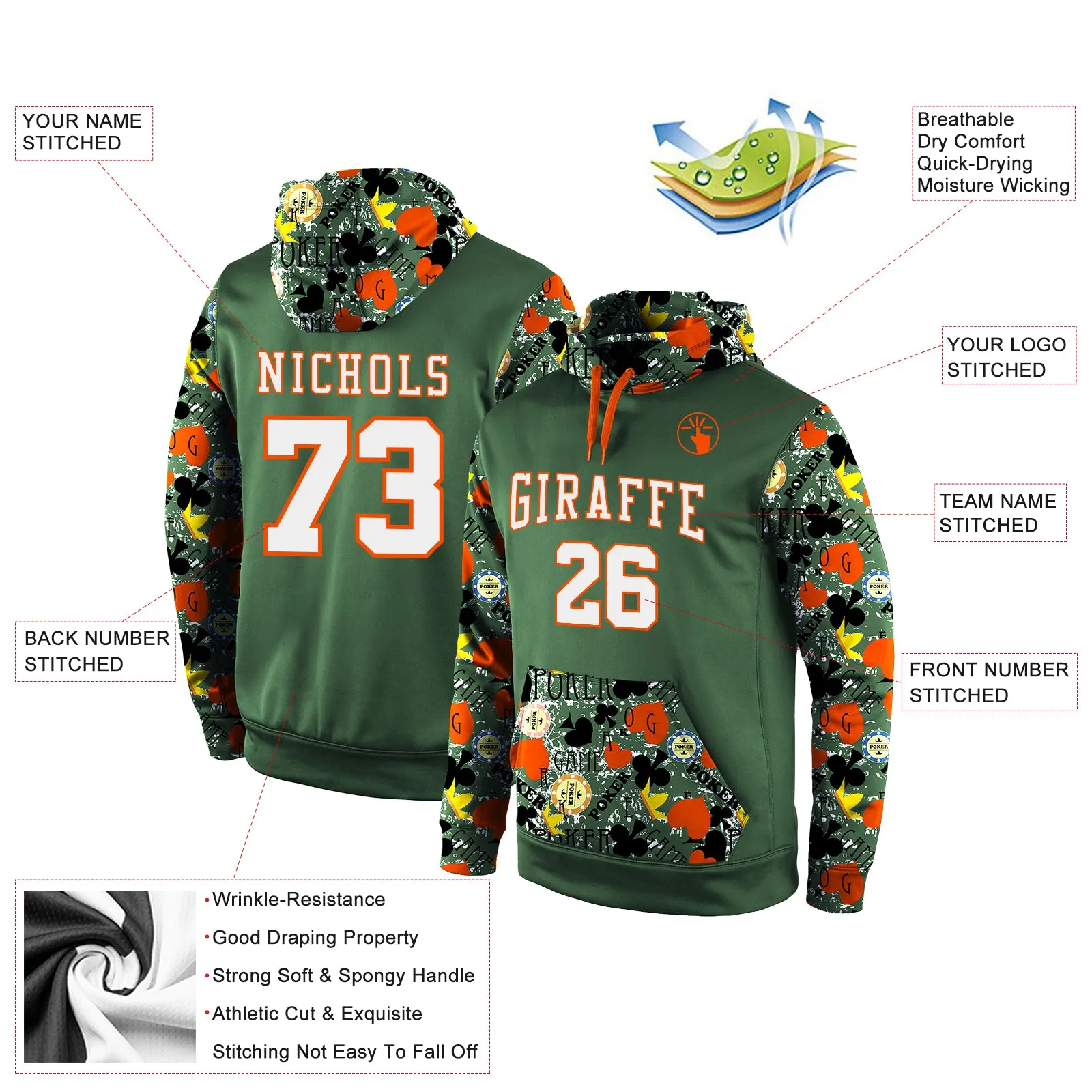 Custom Stitched Green White-Orange 3D Pattern Design Sports Pullover Sweatshirt Hoodie