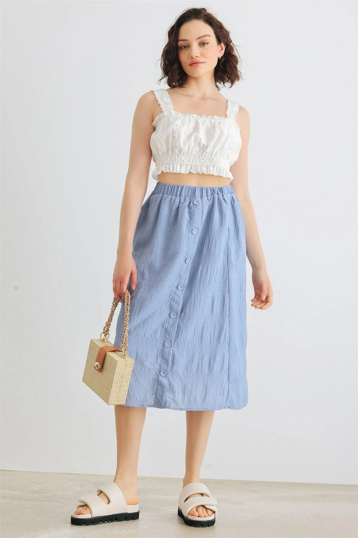 Denim Blue High Waist Front Button Midi Skirt /1-2-2