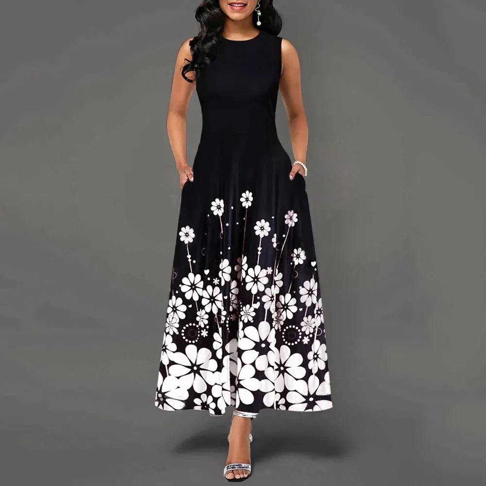 Dress for Women 2022 Summer Vintage Sleeveless Floral Print Party Dress Casual Slim A-Line Maxi Dresses Elegant Long Sundress