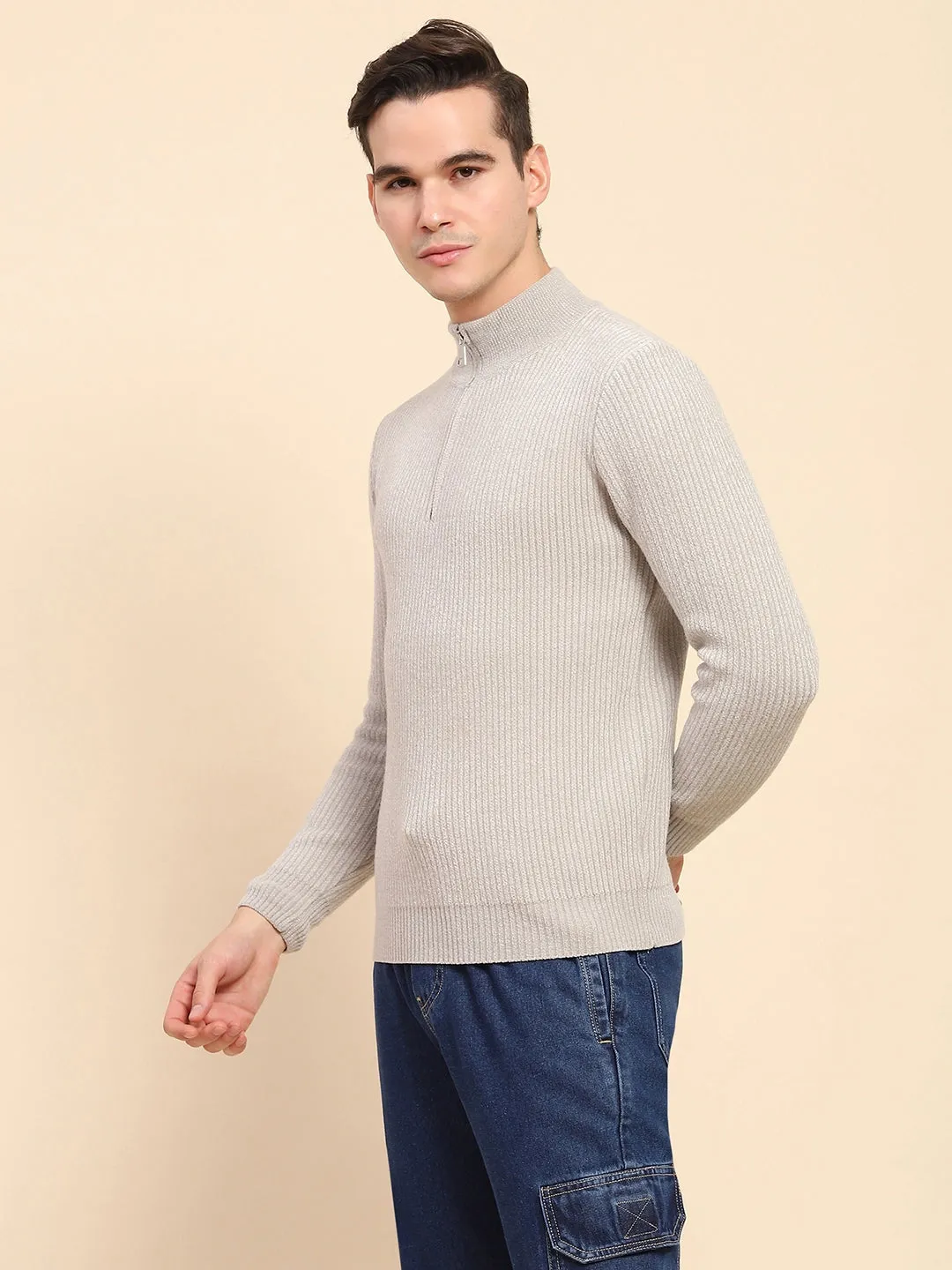 Ecru Poly Blend Knit Winter Wear Pullover