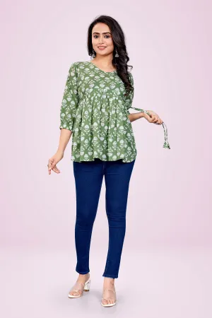 Ekisha's women angrakha printed green cotton tunic top short kurti