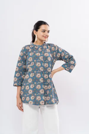 Ekisha's women blue designer multicolor printed cotton tunic top short kurti