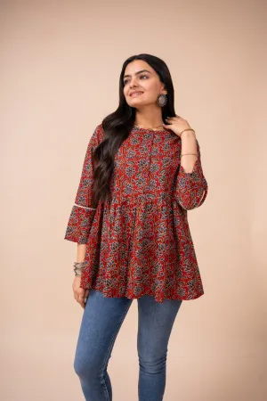 Ekisha's women marron ajrak floral printed cotton tunic top short kurti