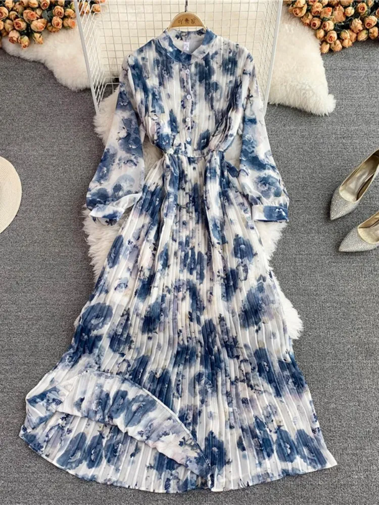 Elegant Party Dress for Women 2023 Summer New Korean Printed Chiffon Dress Gentle Wind Slim Long Dresses Formal Occasion Dresses