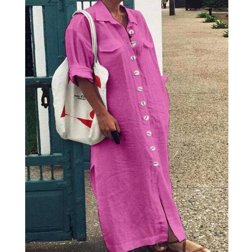 FashionSierra - New Women's Casual Plain Long Sleeve Maxi Dress Ladies Loose Kaftan Tunic Baggy Button Down Long Shirt Dresses