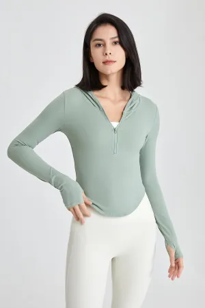 Fitted Half-Zip Crop Hoodie with Thumb Holes