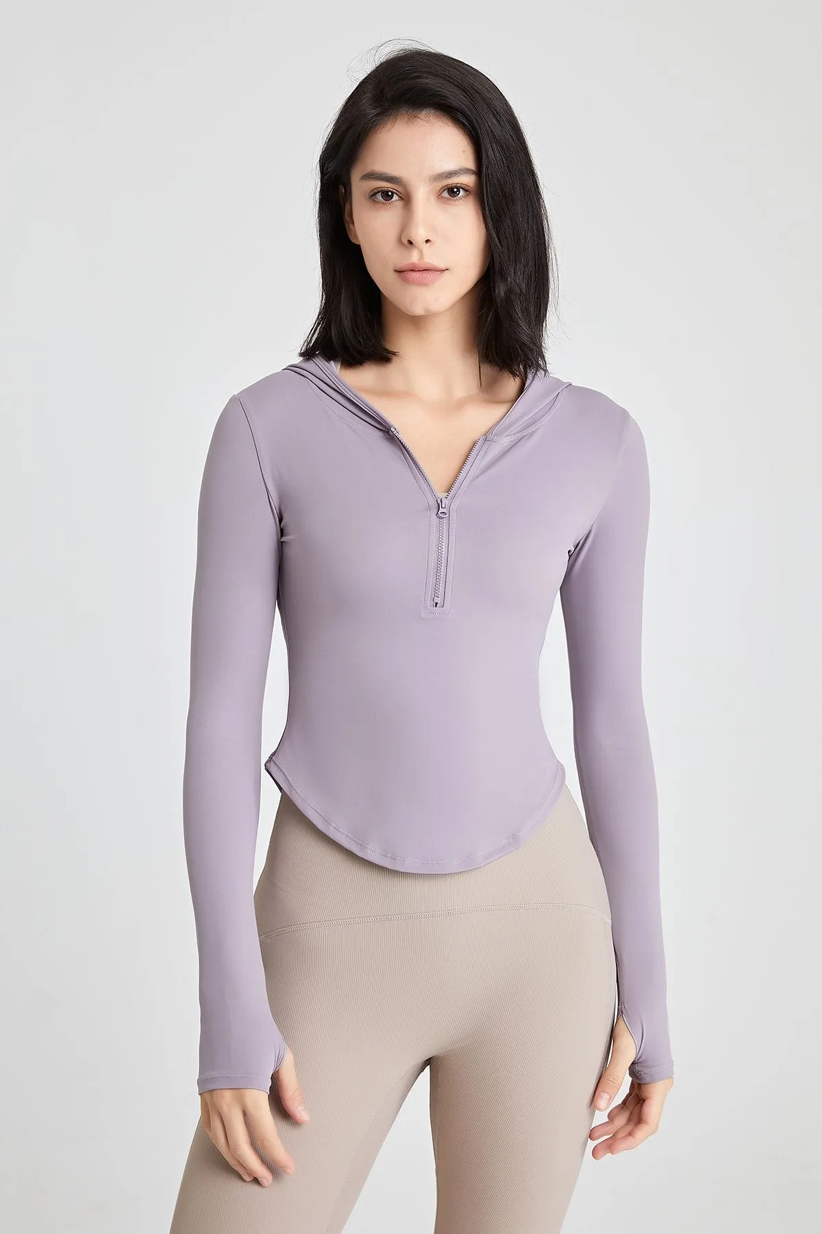 Fitted Half-Zip Crop Hoodie with Thumb Holes