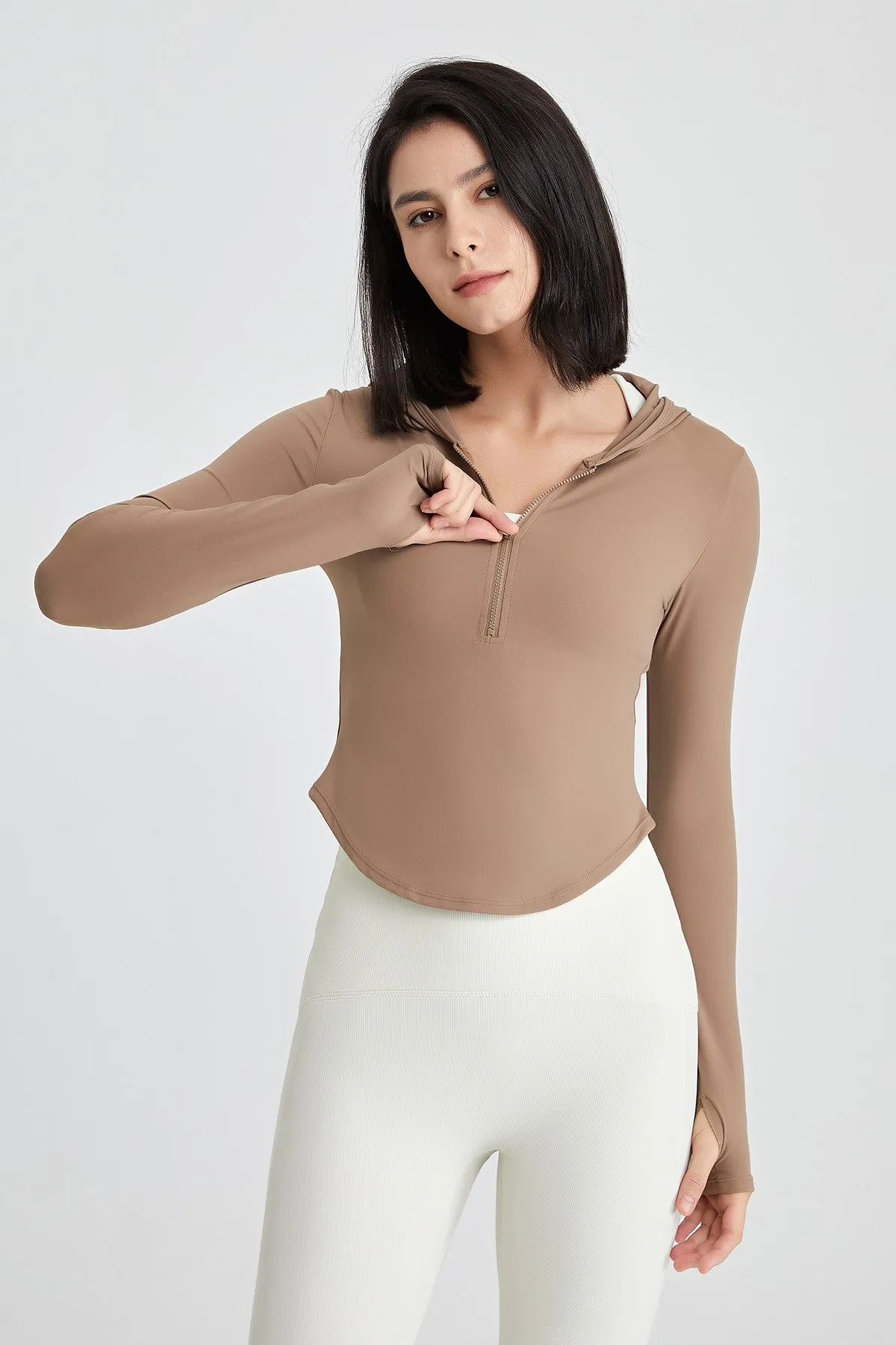 Fitted Half-Zip Crop Hoodie with Thumb Holes