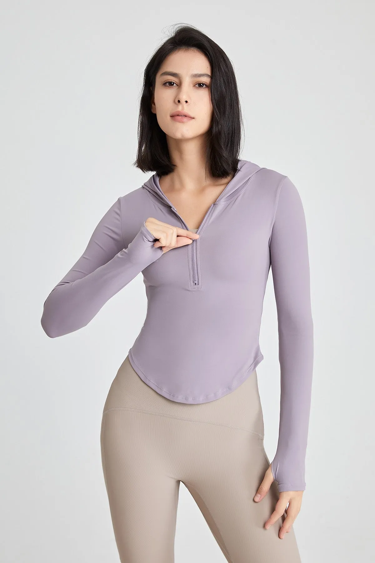 Fitted Half-Zip Crop Hoodie with Thumb Holes