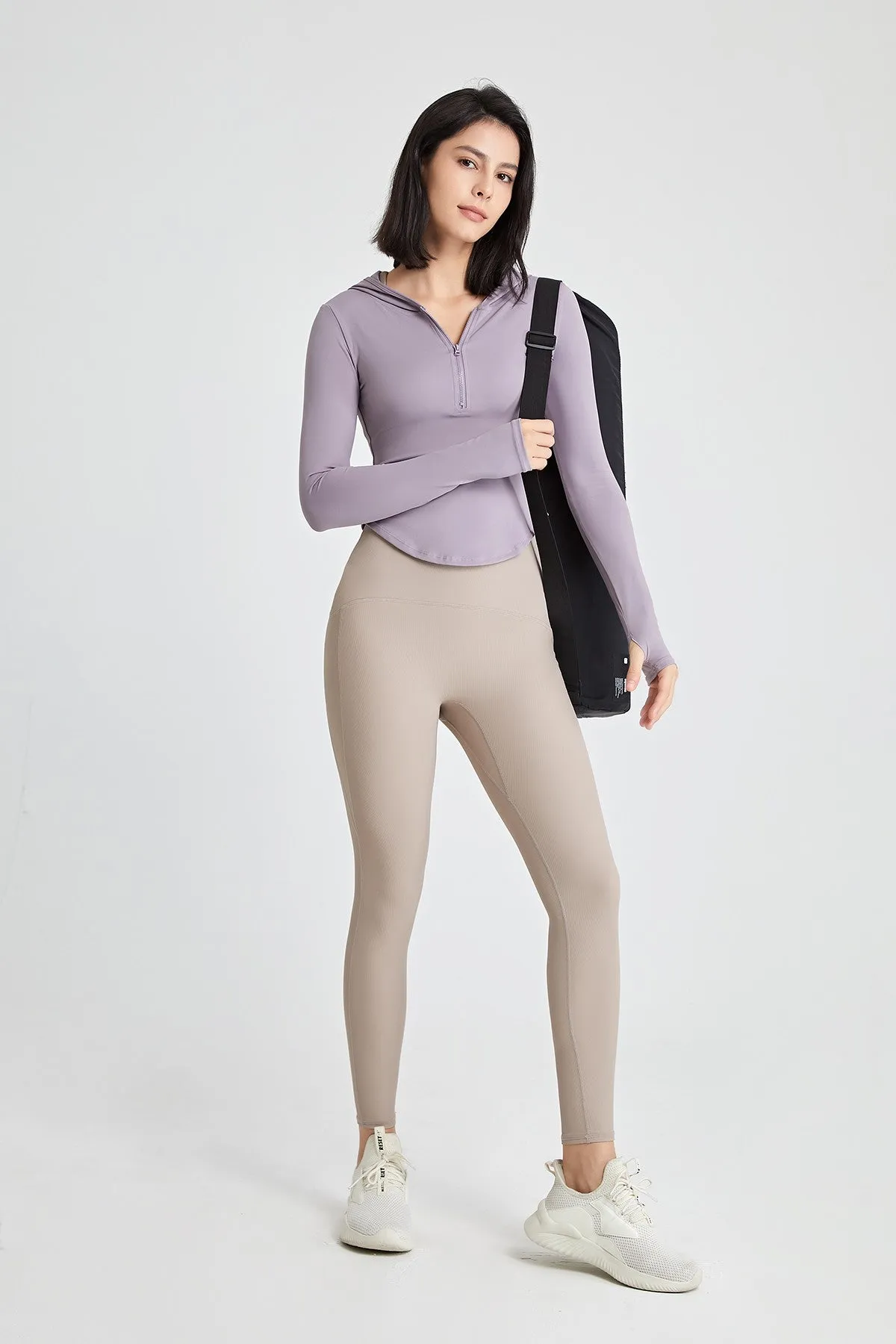 Fitted Half-Zip Crop Hoodie with Thumb Holes