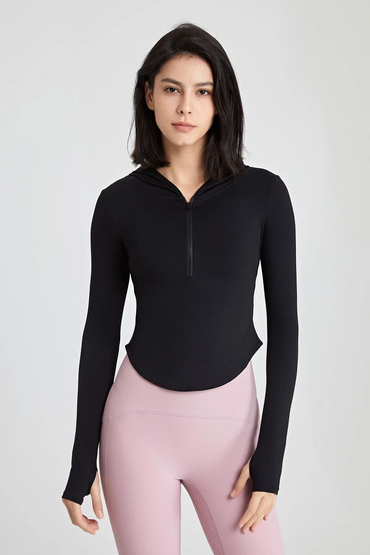 Fitted Half-Zip Crop Hoodie with Thumb Holes