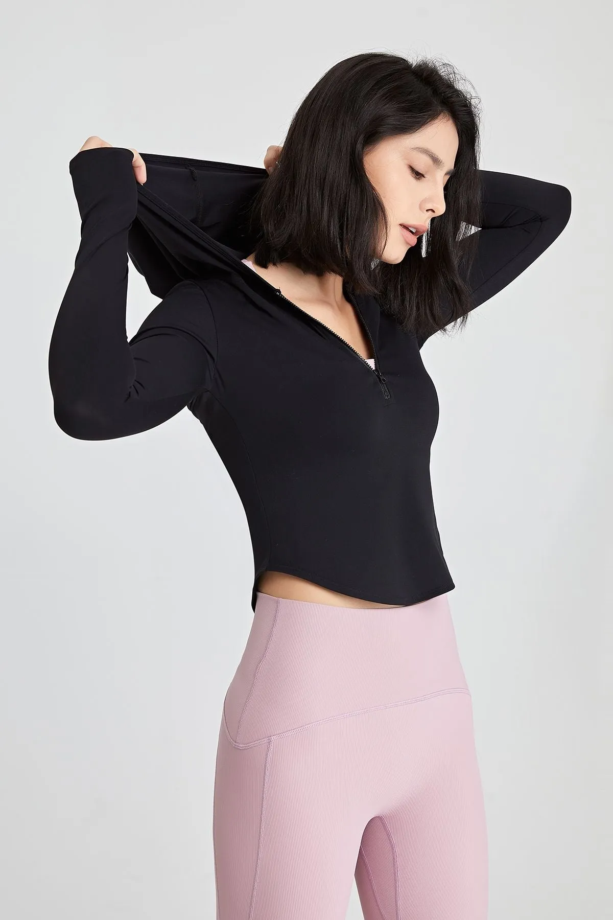 Fitted Half-Zip Crop Hoodie with Thumb Holes