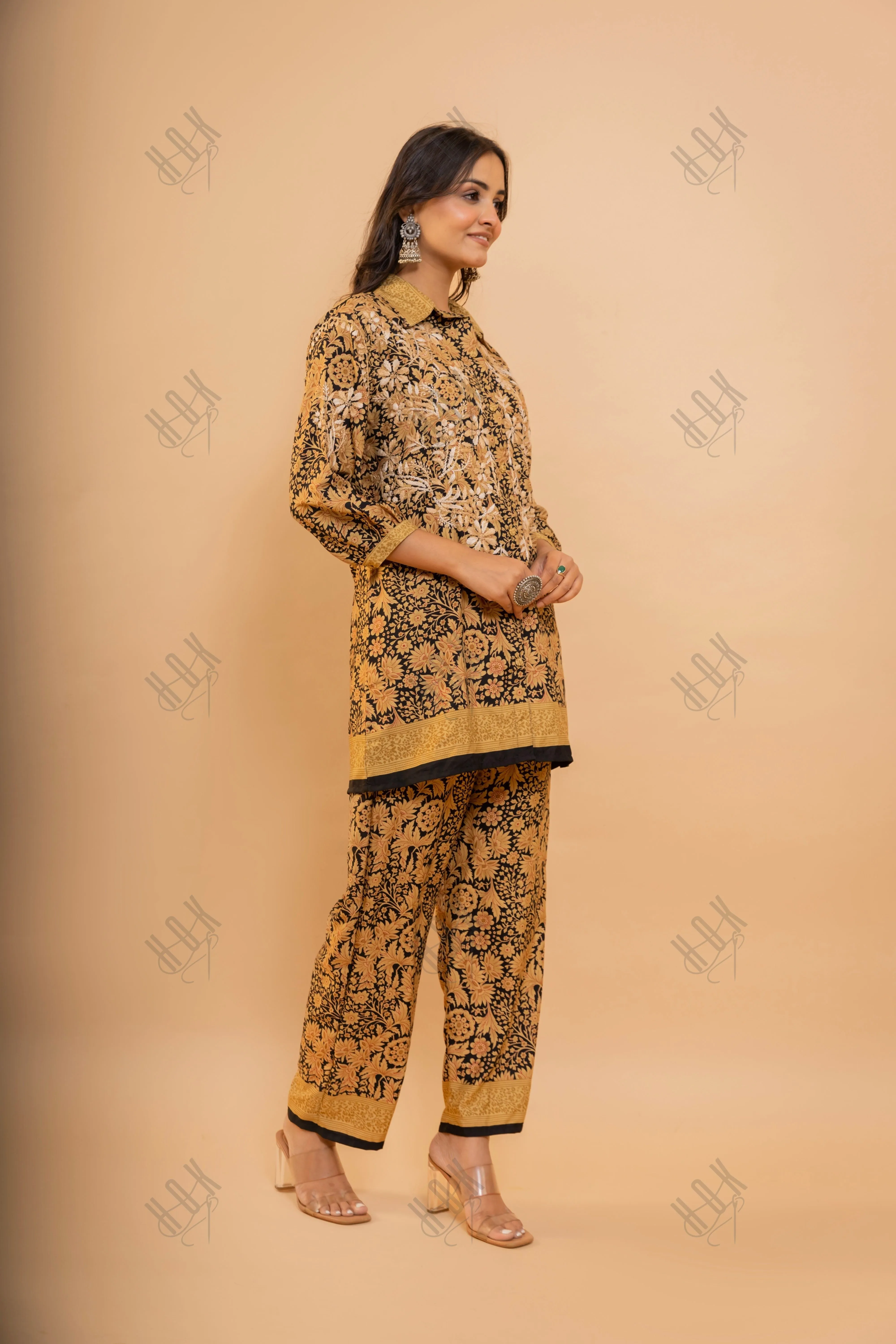 FIzaa Black and Golden Silk Print Set with Beige Hand Embroidery