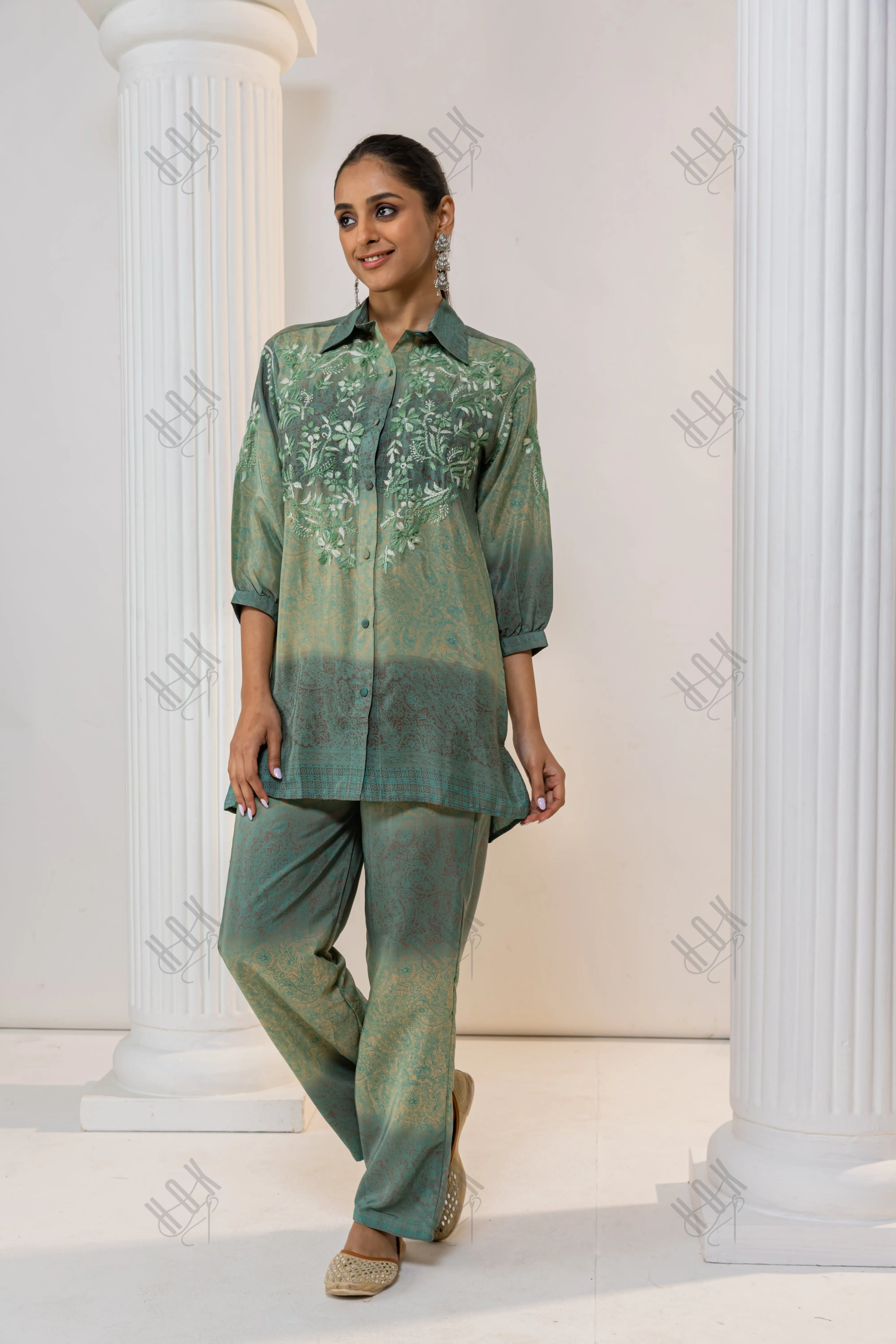 Fizaa Green Poly Silk Set with Exquisite Golden Hand Embroidery