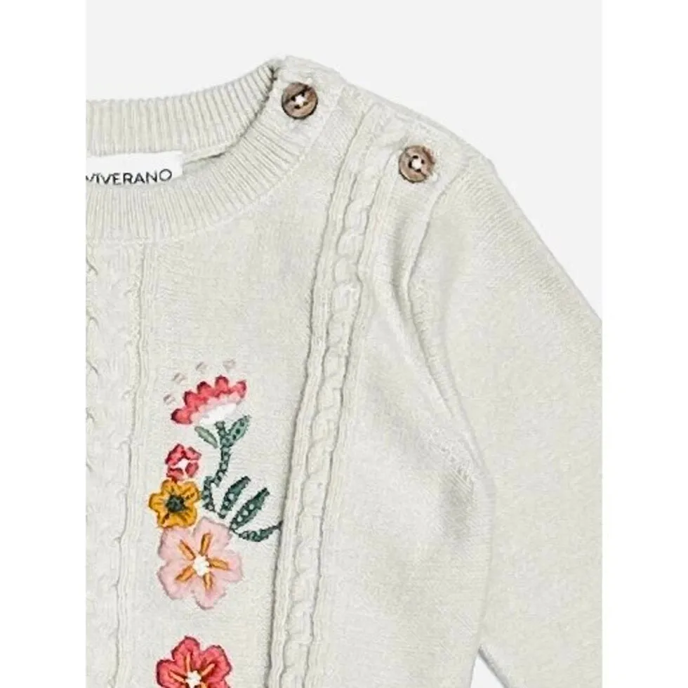 Floral Embroidered Cable Knit Baby Pullover Sweater