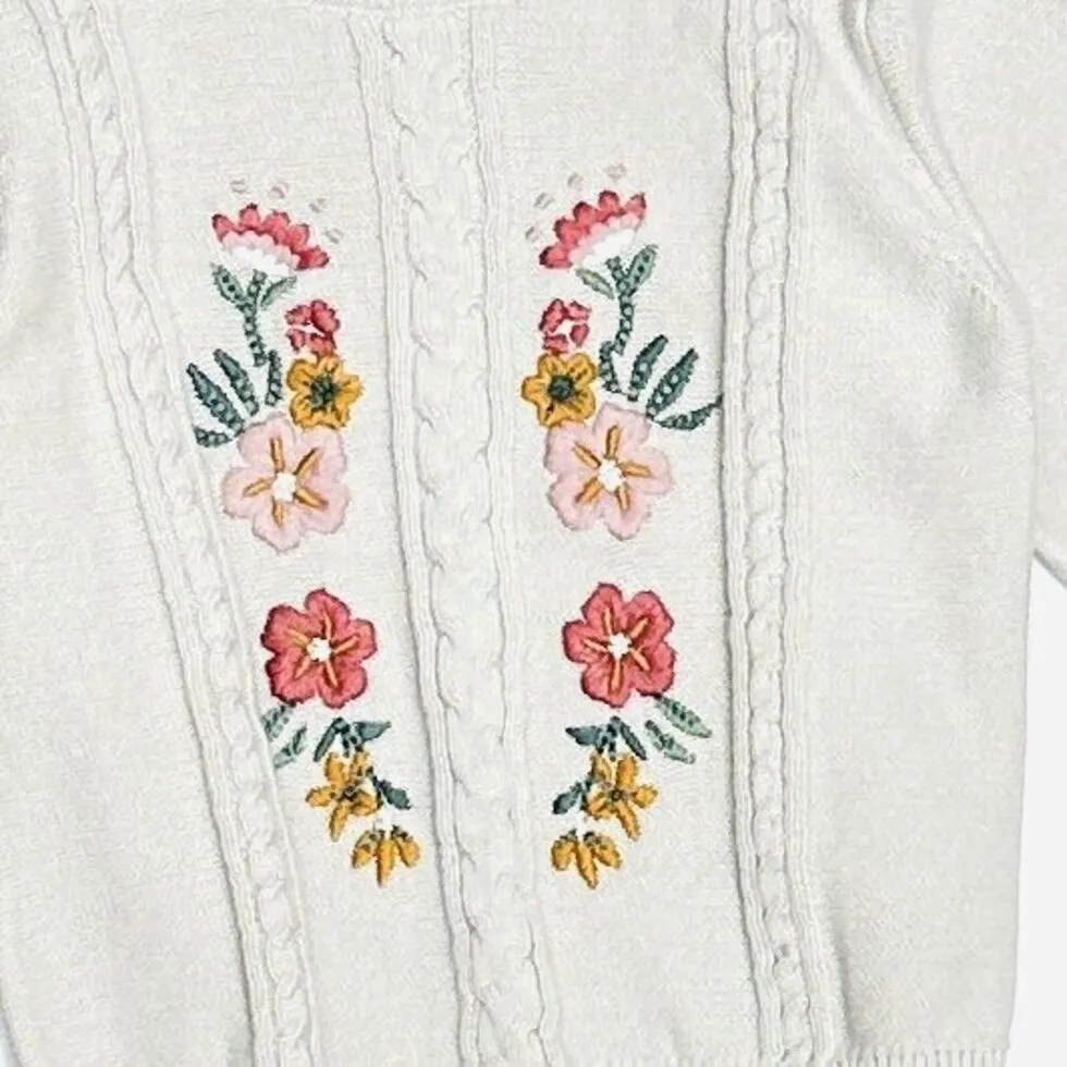 Floral Embroidered Cable Knit Baby Pullover Sweater